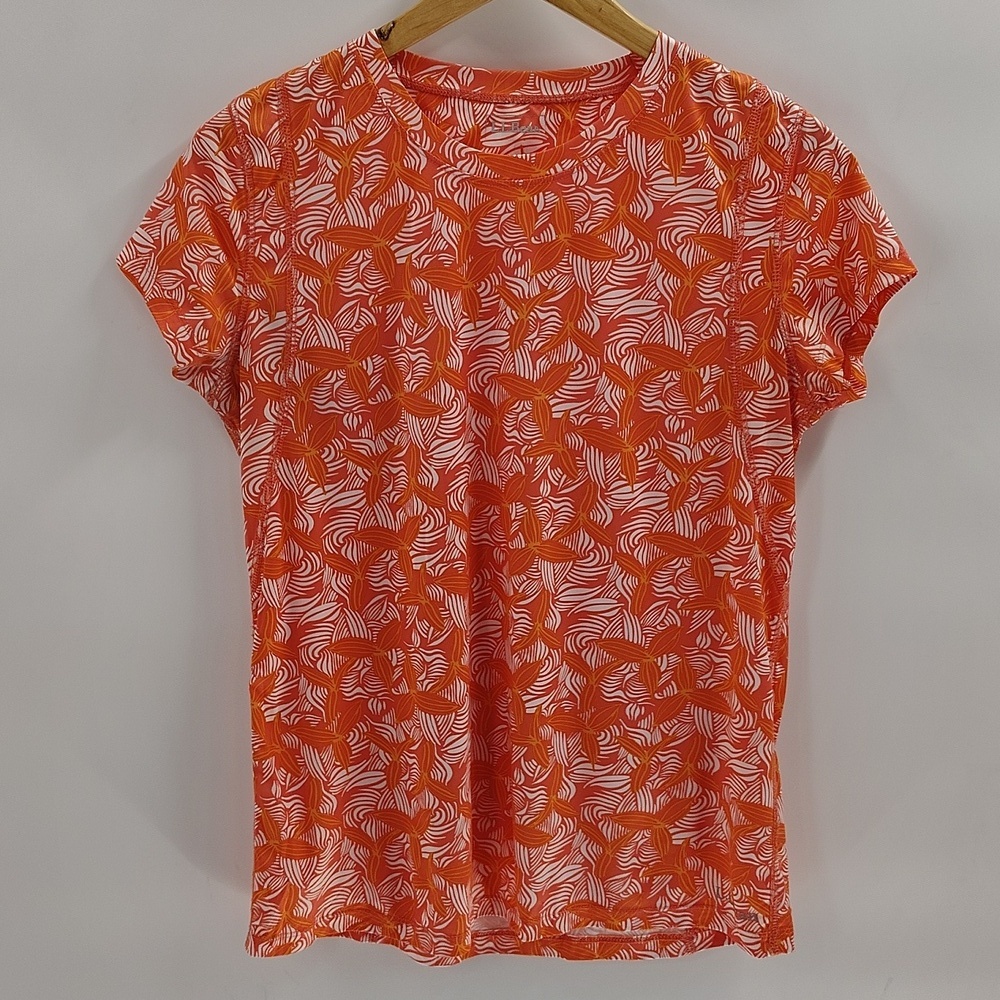 L.L. Bean Top Size Large Orange Print Athletic Stretch Short Sleeve Tee